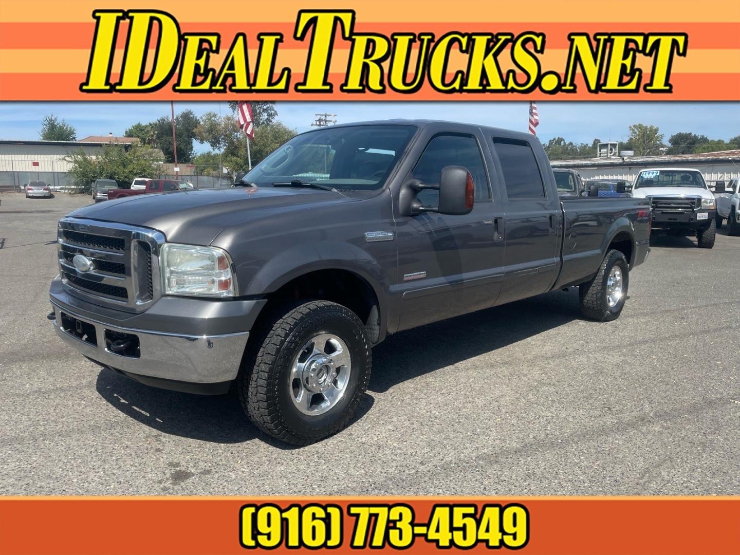 2005 Dark Shadow Grey Clearcoat Metallic Ford F-250 Super Duty Lariat (1FTSW21P45E) with an 6.0L Power Stroke 6.0L Diesel Turbo V8 325hp 560ft. lbs. Direct Injection engine, 5-Speed Automatic transmission, located at 800 Riverside Ave, Roseville, CA, 95678, 916-773-4549 & Toll Free: 866-719-4393, 38.732265, -121.291039 - DIESEL CREW CAB 4X4 FX4 LARIAT HEADSTUDS SERVICE RECORDS- Photo#0