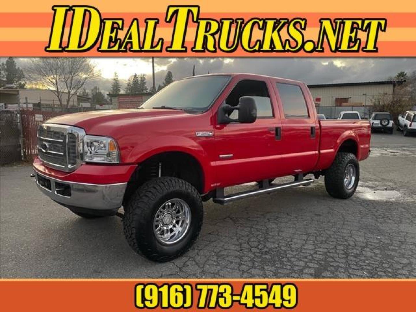 2005 Red Clearcoat Ford F-250 Super Duty Lariat (1FTSW21P05E) with an 6.0L Power Stroke 6.0L Diesel Turbo V8 325hp 560ft. lbs. Direct Injection engine, 5-Speed Automatic transmission, located at 800 Riverside Ave, Roseville, CA, 95678, 916-773-4549 & Toll Free: 866-719-4393, 38.732265, -121.291039 - DIESEL CREW CAB 4X4 BULLET PROOF EGR COOLER HEADSTUDS NEW TIRES LIFTED - Photo#0