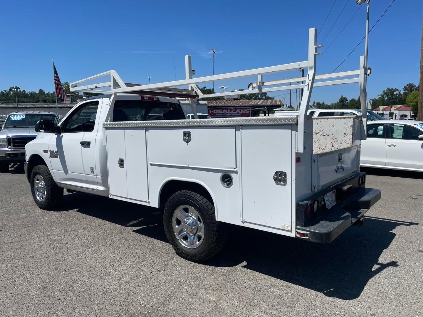 2014 White RAM 3500 Tradesman (3C7WR8AJ2EG) with an HEMI 6.4L V8 370hp 429ft. lbs. Other engine, 6-Speed Shiftable Automatic transmission, located at 800 Riverside Ave, Roseville, CA, 95678, 916-773-4549 & Toll Free: 866-719-4393, 38.732265, -121.291039 - UTILITY BED 72K MILES CLEAN CARFAX- Photo#2