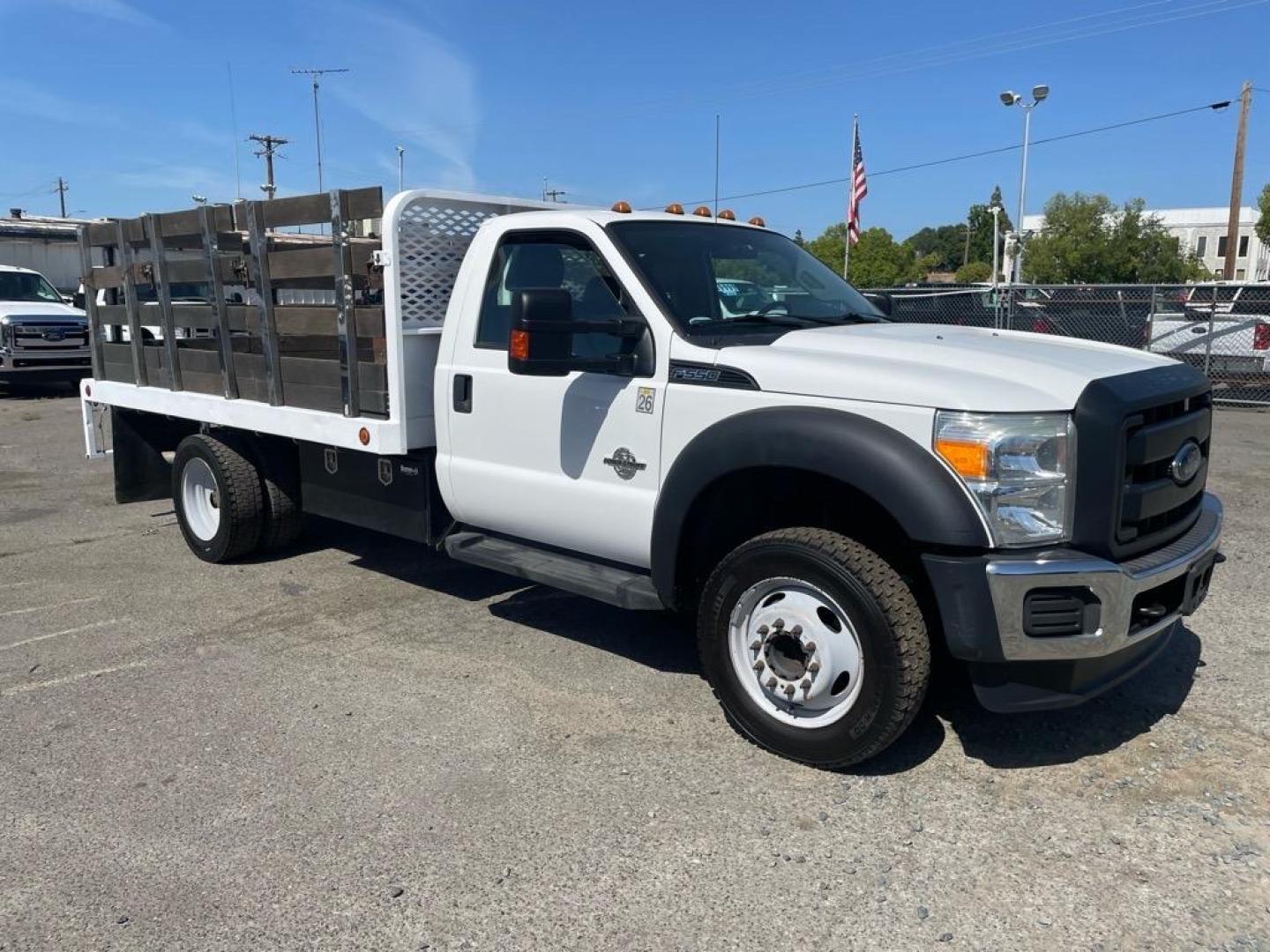 2016 Oxford White Ford F-550 Super Duty XL (1FDUF5GT6GE) with an 0.0 8 Cylinder Common Rail Direct Injection engine, 6-Speed Automatic transmission, located at 800 Riverside Ave, Roseville, CA, 95678, 916-773-4549 & Toll Free: 866-719-4393, 38.732265, -121.291039 - DIESEL F550 12 FOOT STAKE BODY ONE OWNER SERVICE RECORDS ON CLEAN CARFAX - Photo#1
