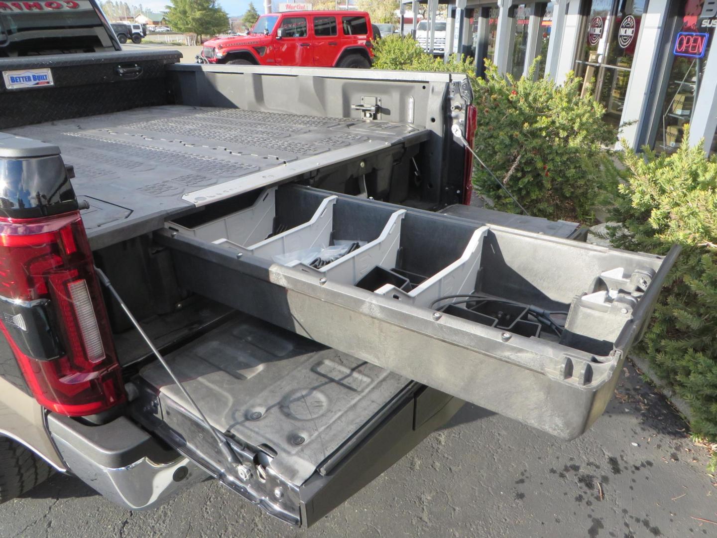 2020 BLACK /BROWN Ford F-350 SD King Ranch Crew Cab Long Bed 4WD (1FT8W3BT7LE) with an 6.7L V8 OHV 16V DIESEL engine, 6A transmission, located at 2630 Grass Valley Highway, Auburn, CA, 95603, (530) 508-5100, 38.937893, -121.095482 - Features a Decked Truck Bed storage system, Better Build toolbox, Bolt cable locks, Bug Defelector, and Weathertech side window deflectors.- Photo#14