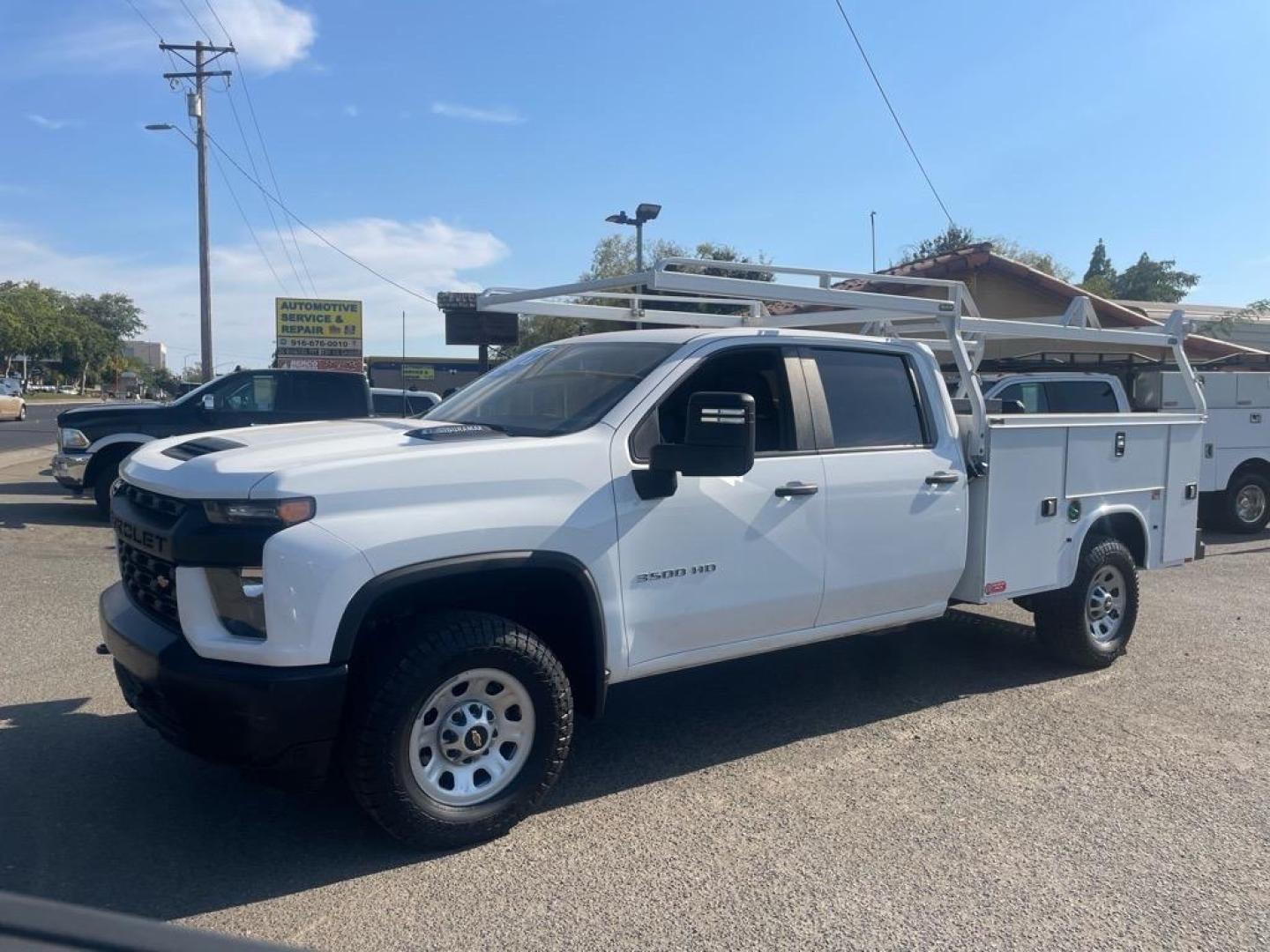 2021 Summit White Chevrolet Silverado 3500HD Work Truck (1GB4YSEY7MF) with an 6.6L Duramax 6.6L Biodiesel Turbo V8 445hp 910ft. lbs. Common Rail Direct Injection engine, Allison 10-Speed Shiftable Automatic transmission, located at 800 Riverside Ave, Roseville, CA, 95678, 916-773-4549 & Toll Free: 866-719-4393, 38.732265, -121.291039 - DIESEL CREW CAB 4X4 UTILITY BED ALLISON TRANSMISSION ONE OWNER SERVICE RECORDS ON CLEAN CARFAX - Photo#0